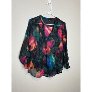 Tiny Blouse Womens S Multicolor Floral Sheer Henley Roll Tab Tunic Top